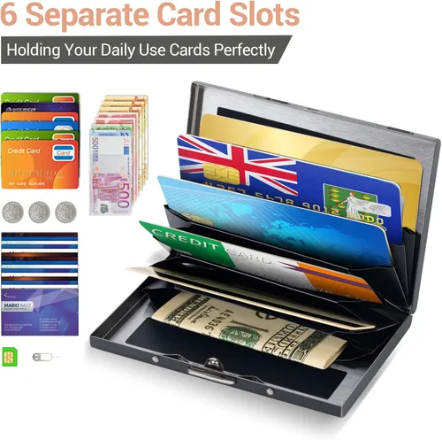 Vista 2 de BONSYL® Soporte para tarjetas de crédito, cartera delgada de metal con bloqueo RFID, con 6 ranuras para tarjetas, para mujeres y hombres.