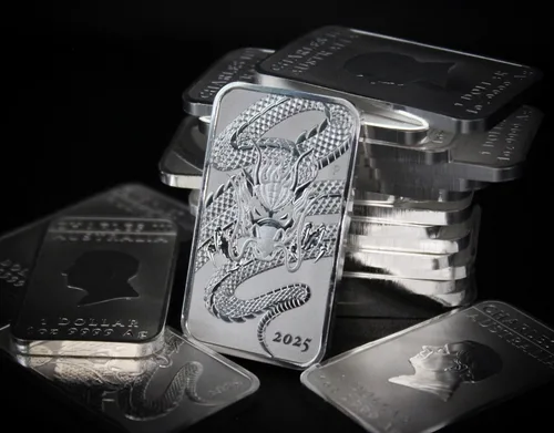 Vista 3 de 2018 - Presente (Año aleatorio) P 1 oz Lingote de Plata Australia Perth Mint Serie Dragón Moneda Rectangular Brillante sin Circular con Certificado