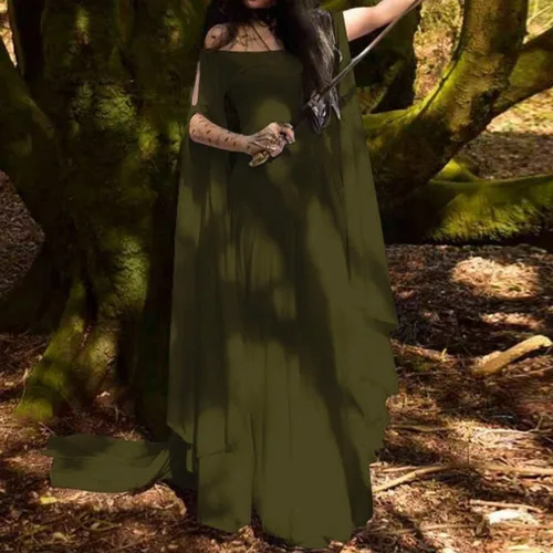 Vista 4 de Disfraces de Halloween de talla grande para mujer, vestido retro de cosplay con hombros descubiertos, estilo victoriano, con abertura alta, manga