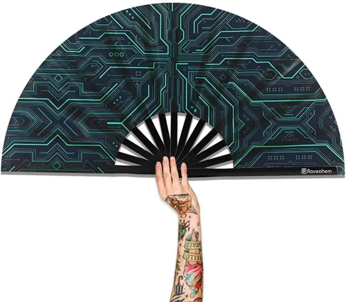 Vista 11 de Abanico Plegable Grande, Abanico Rave Clack de 13 Pulgadas, Abanico de Mano para Mujeres y Hombres con Tela de Satén Premium, Marco de Bambú Grueso