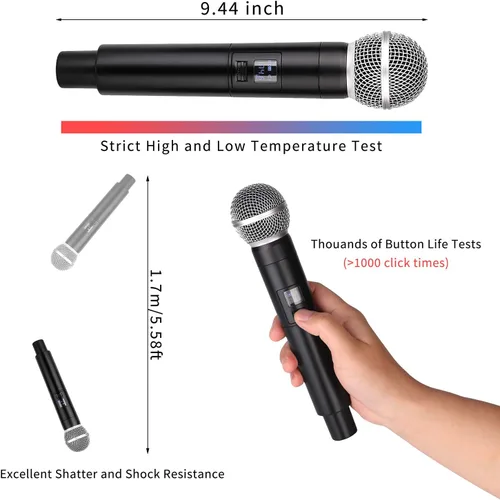 Vista 3 de MicrocKing Sistema de micrófono inalámbrico, micrófonos dinámicos de mano, rango de funcionamiento de 150 pies, 16 horas de uso continuo, ideal