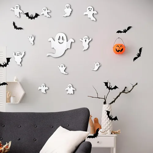 Vista 2 de 24 calcomanías 3D para decoración de pared de fantasmas de Halloween, reutilizables, autoadhesivas, lindas calcomanías blancas espeluznantes