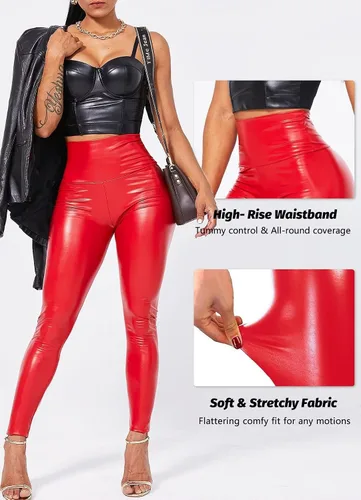 Vista 2 de TZLDN Pantalones de piel sintética para mujer cintura alta levantamiento de glúteos leggings de poliuretano elásticos adelgazantes casuales sexy