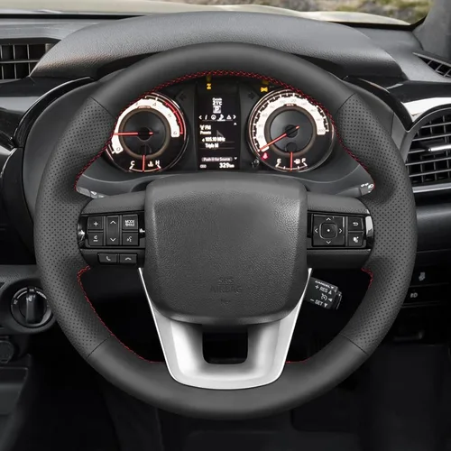 Vista 2 de Loncky - Fundas de volante personalizadas de fibra de carbono PU cosidas a mano para Toyota Fortuner 2015-2021/Toyota Hilux 2015-2021, accesorios