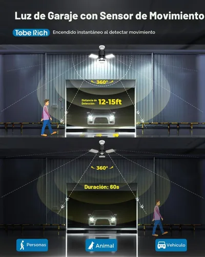 Vista 2 de toberich Luz de garaje con sensor de movimiento, luz de taller con sensor de movimiento de 8000 lm con 3 modos de interruptor, bombilla activada por