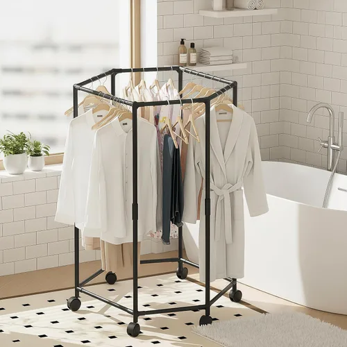 Vista 6 de Perchero con ruedas, perchero hexagonal con ruedas para colgar ropa, tendedero de ropa, almacenamiento de ropa para dormitorio, lavandería, balcón
