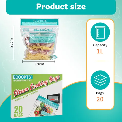 Vista 5 de 20 bolsas de cocción al vapor, bolsas de vapor para microondas, verduras, papas y carne (1)