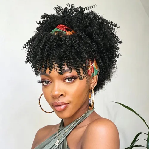 Vista 8 de Aisaide Peluca de Diadema Afro Rizada Crespa, Pelucas Afro Negras Cortas para Mujeres Negras, Peluca Sintética Rizada Crespa con Diadema y Flequillo