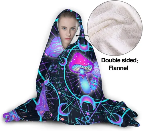 Vista 2 de Manta con capucha de hongos para adultos, Navidad, cumpleaños, regalos para mujeres y hombres, poncho hippie morado con capucha de 40 x 50 pulgadas