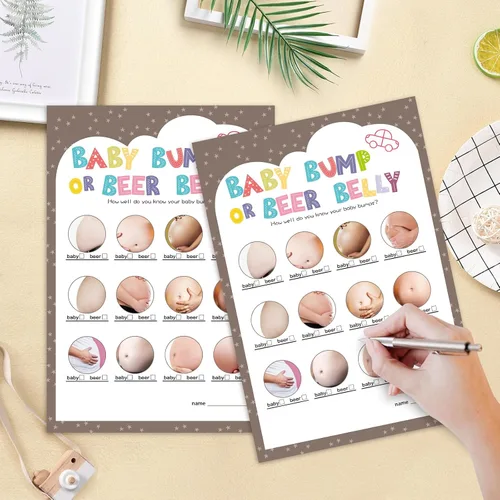 Vista 5 de OLOUTAB Juegos de Baby Shower para Niño o Niña - Juego de Vientre de Cerveza o Barriga de Bebé (50 Tarjetas), De Género Neutral, Papel Grueso