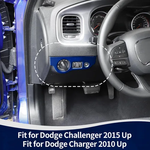 Vista 4 de RT-TCZ para Dodge Challenger 2015 en adelante, Panel de interruptor de faro Challenger, Cubierta de recorte para interior azul, Accesorios 1 pieza