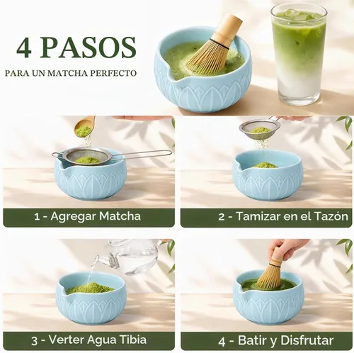 Vista 4 de Juego de batidor Matcha con cuenco de cerámica y cazador de bambú hoja azul