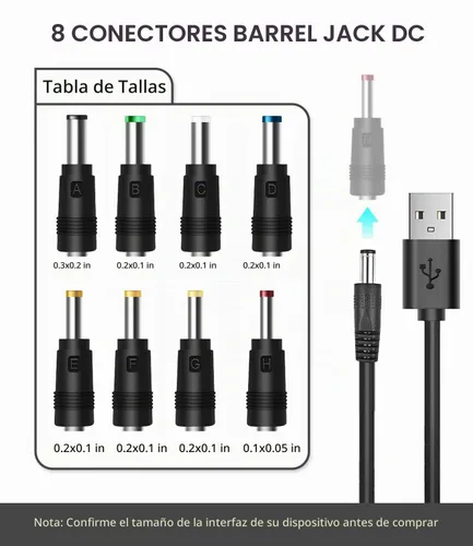 Vista 2 de Cable de alimentación de 5 V CC, cable de carga USB a CC de 0.217 x 0.083 in con 8 conectores adaptadores para altavoz, enrutador, luz LED, lámpara