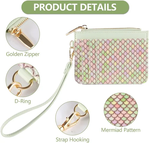 Vista 4 de Cartera pequeña de cuero con protección RFID de sirena para tarjetas de crédito, cartera delgada con correa para la muñeca con bolsillo