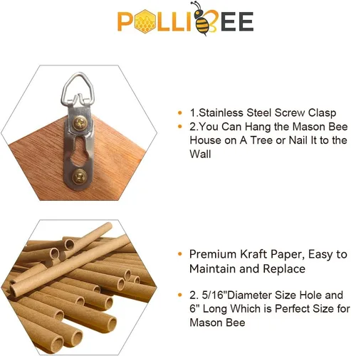 Vista 3 de Mason Bee House - Colmena de abejas de madera natural hecha a mano recubierta con cera para una larga vida útil y resistente al agua - Atrae