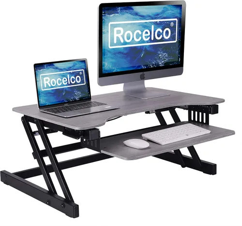 Vista 14 de Rocelco - Convertidor de escritorio para trabajar de pie con altura ajustable de 32 pulgadas - Bandeja retráctil deslizable - Elevador de monitor