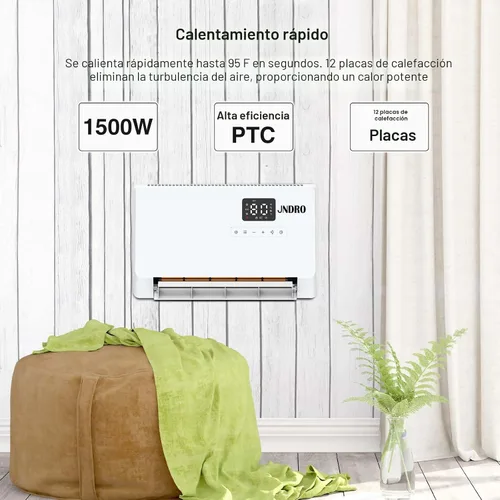 Vista 2 de Calentador de espacio montado en la pared con termostato ECO y control remoto, pantalla LED, modos de oscilación de 60°/90°/120°, temporizador de 24