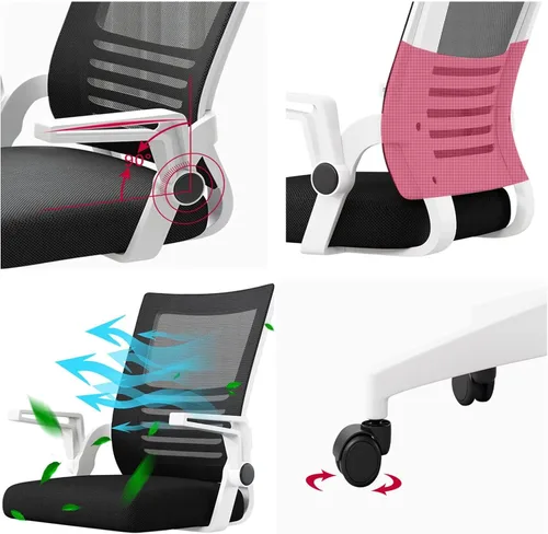 Vista 4 de Silla de escritorio ergonómica con ruedas, silla de oficina en casa, silla de computadora de malla con soporte lumbar, reposabrazos ejecutivo