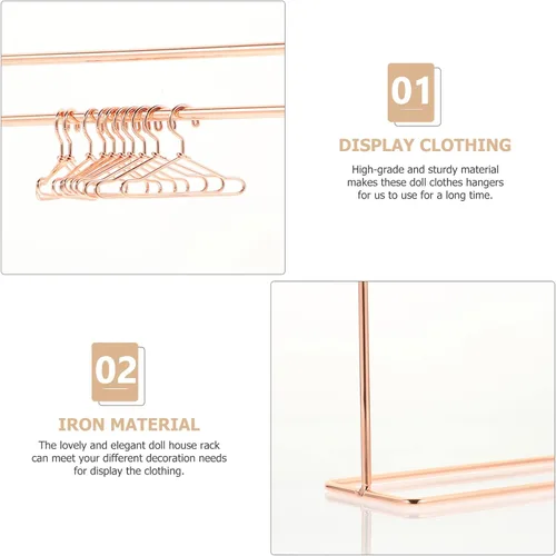 Vista 4 de Toddmomy Perchero de ropa para muñecas con 10 perchas de metal dorado rosa en miniatura para ropa de muñecas de 11.5 pulgadas, accesorios de ropa