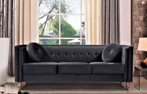 Vista 4 de Container Furniture Direct Lexie Velvet Comfy Mid Century Chesterfield - Sofá biplaza de tres plazas para apartamento, dormitorio y oficina, juego