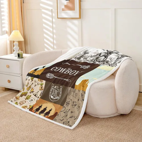 Vista 3 de Manta de vaquero occidental, manta de lana para niños y niños, del suroeste de Estados Unidos, decoración de habitación de adultos, diseño tribal