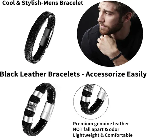 Vista 2 de LOWNOUR Pulseras para hombres, hechas a mano, de cuero, para hombres, trenzadas, negras, regalos para hombres, cuero y acero, 8.5 pulgadas, Cuero