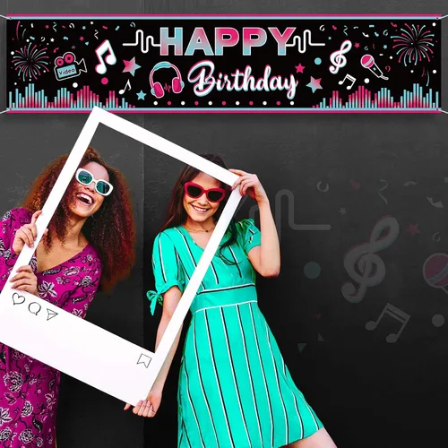 Vista 7 de Cartel de feliz cumpleaños de 71 x 16 pulgadas, decoración grande de tela para fiesta musical, telón de fondo, telón de fondo para cabina de fotos