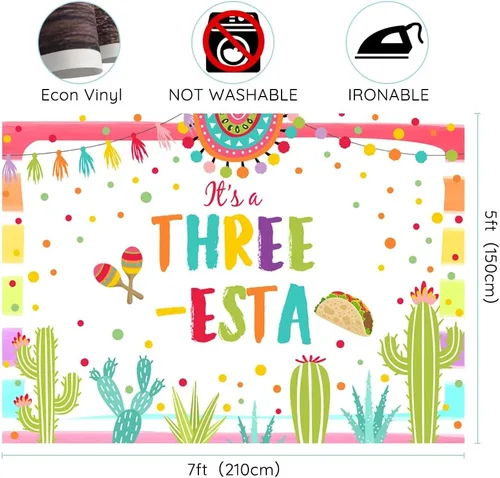 Vista 3 de Telón de fondo mexicano de tercer cumpleaños de 7 x 5 pies, decoración de fiesta blanca para fiesta de 3 esta, fondo de fotografía de niña