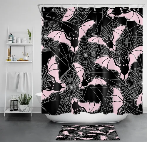 Vista 10 de HVEST Cortina de ducha con ganchos, calabaza espeluznante y fantasma con sombrero de bruja negro, juego de cortina de ducha naranja con flores