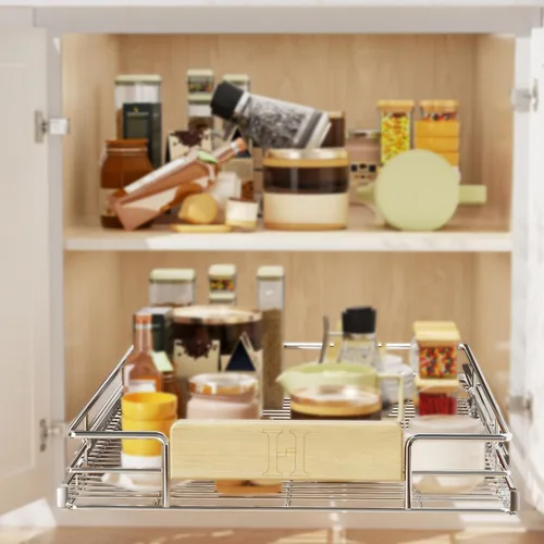 Vista 2 de LOVMOR Organizador de gabinete extraíble con mango de madera, 16½ pulgadas de ancho x 21½ pulgadas, organizador deslizante para cocina, despensa
