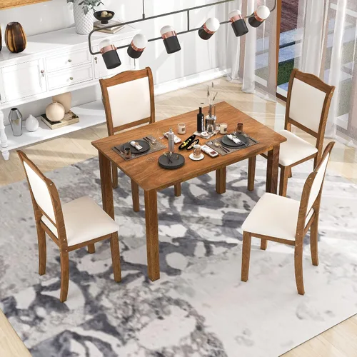 Vista 4 de RUNNA Juego único de mesa de comedor de madera de 5 piezas con mesa rectangular y 4 sillas tapizadas, para lugares pequeños y cocina, cómodo