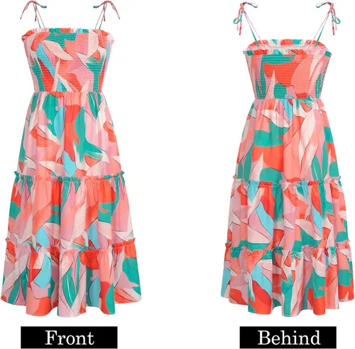 Vista 6 de Fashionme Vestido midi floral bohemio de verano para mujer, elástico fruncido, busto fruncido, lazo en el hombro, correa esférica, escalonada