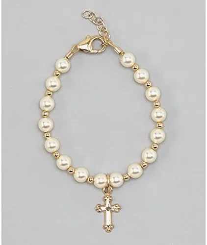 Vista 2 de Christening 14KT Gold-Filled Beads with Cream European Simulated Pearls and Cross Charm Luxury Unisex Baby Bracelet BGC
