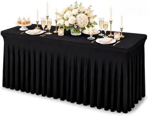 Vista 9 de Fixwal Paquete de 2 manteles de elastano negro para mesa rectangular de 4 pies, falda de mesa para fiesta, espectáculo, boda y cumpleaños