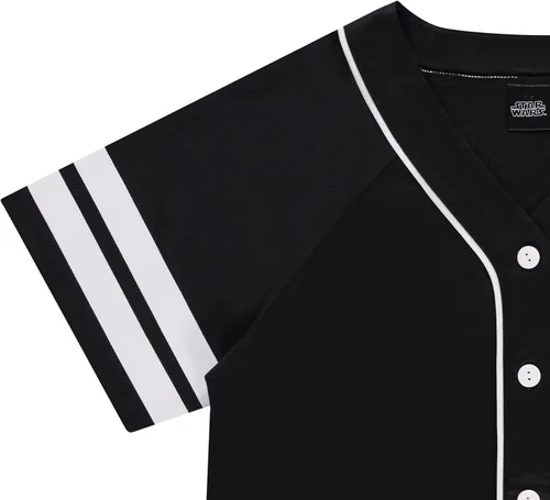 Vista 3 de STAR WARS Camiseta de béisbol para mujer, Darth Vader, Luke Skywalker y Baby Yoda malla con botones