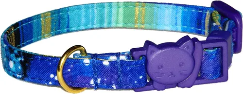 Vista 9 de Collar de gato con galaxia, Cosmos de azul y morado, 100% algodón, 3/8 pulgadas de ancho, 2 tamaños, hebilla de seguridad separable, hecho a mano