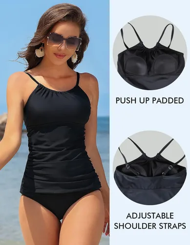 Vista 3 de ANFILIA Tankini para mujer, cuello alto, ajuste delgado, fruncido, solo UPF50+