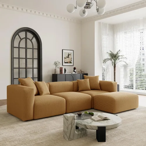 Vista 14 de Acanva - Sofá modular convertible con otomana, en forma de U, color negro Sofá de pana, marco de madera, combinación libre, sofá cama, para sala