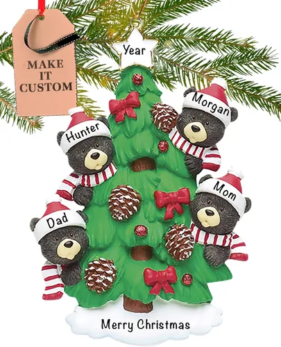 Vista 14 de Adorno personalizado de familia de 3 2025 Personalización gratuita las 24 horas Adornos de Navidad de oso negro para árbol Recuerdo