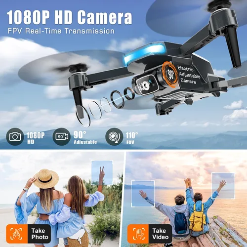 Vista 2 de Dron con cámara, dron plegable FPV 1080P con soporte de altitud estable, control de gravedad, vuelo según trayectoria, lente ajustable de 90°