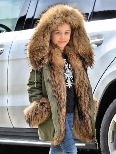 Vista 5 de Aox - Chaqueta unisex de invierno con capucha de piel sintética para niños, chaqueta cálida y gruesa de camuflaje para exteriores, para niñas y niños