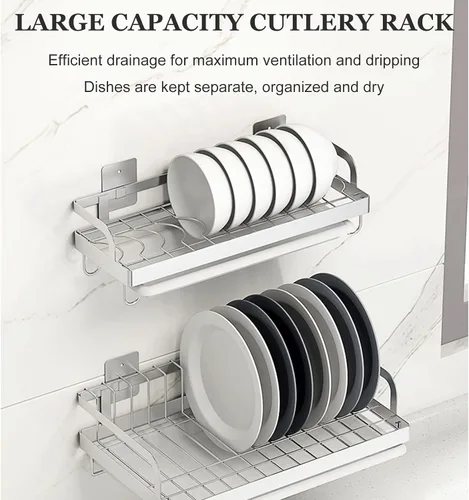 Vista 2 de Escurridor de platos de acero inoxidable, organizador de utensilios de cocina, estante de suministros de cocina montado en la pared, soporte
