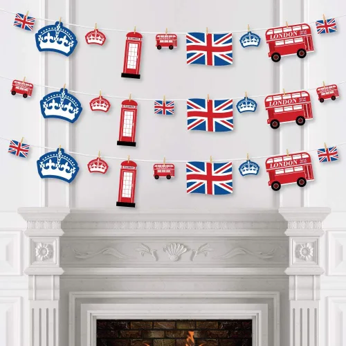 Vista 3 de Big Dot of Happiness Cheerio, Londres – Decoración de bricolaje para fiestas británicas del Reino Unido, guirnalda de pinzas para la ropa, 44 piezas