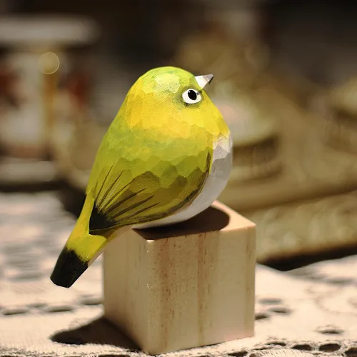 Vista 34 de Figura de pájaro de madera Azure Tit, tilo tallado a mano, marrón claro, decoración moderna para el hogar, regalo de pájaro