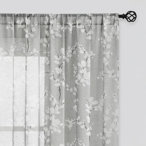 Vista 10 de FMFUNCTEX Cortinas de lino transparentes para dormitorio, cortinas con estampado de flores verde salvia de 84 pulgadas de largo para sala de estar
