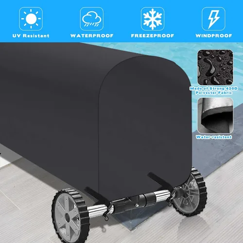 Vista 3 de Woanger Cubierta de carrete solar para piscina, impermeable, resistente a los rayos UV, para piscina enterrada (16 pies, negro)