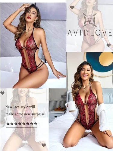 Vista 66 de Avidlove - Body de lencería de una pieza para mujer, diseño de encaje sexy con escote en V profundo, babydoll, ropa de dormir, tallas XS a XXXL