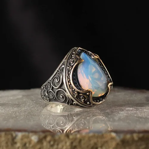 Vista 3 de 925 Sterling Silver Handmade Drop Shape Moonstone Ring for Men, Men Moonstone Ring, Gemstone Men Ring, Handmade Silver Ring, Gift for Men, Gift for