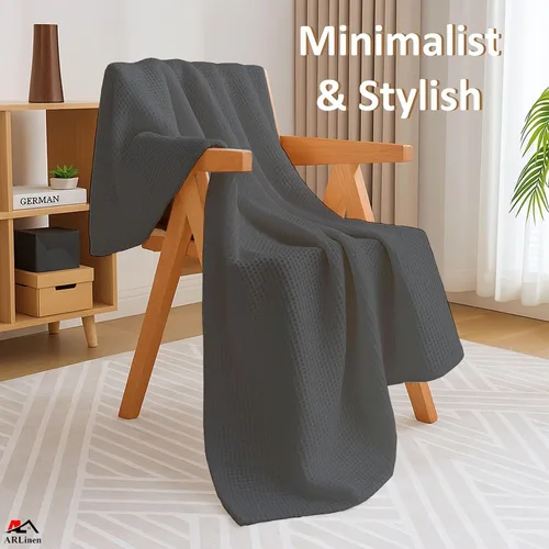 Vista 2 de Manta de cama de gofres, 100% algodón, suave, ligera, transpirable, manta térmica para todas las estaciones, tamaño matrimonial, gris oscuro