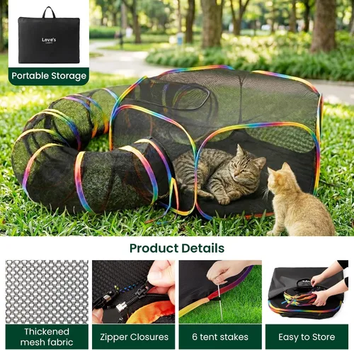 Vista 3 de Love's cabin Recintos para gatos al aire libre, arco iris, plegable Catio al aire libre, recinto para gatos, incluye tienda de campaña portátil